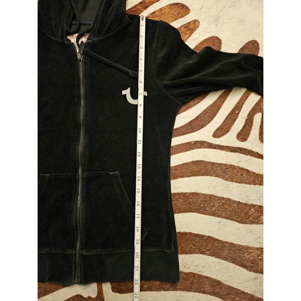 Y2K True Religion Hoodie Womens Black Velour Graphic Rhinestones Zip Ladies Xs - Picture 7 of 7